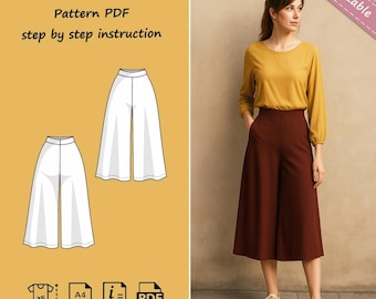 Wide Leg Culottes Sewing Pattern for Women: High Waist, Beginner Friendly (PDF)