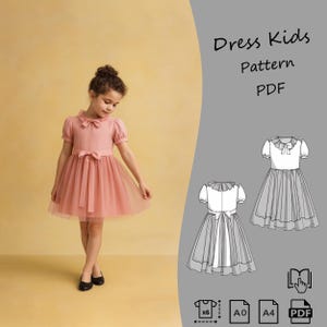 Girls Dress Sewing Pattern PDF A4 A0 | 4 Sizes | Puff Sleeve Tulle Dress with Bow | Flower Girl, Birthday, Special Occasion | DIY Tailoring