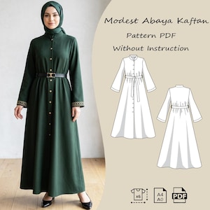 Peut inclure: Une femme porte un abaya kaftan vert foncé avec une ceinture noire et des boutons dorés. Les manches ont des broderies dorées. L'image comprend un PDF de patron avec le texte "Modest Abaya Kaftan Pattern PDF Without Instruction".