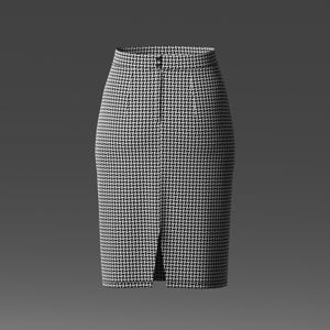 May include: A high-waisted pencil skirt featuring a black and white herringbone pattern. The skirt has a structured waistband with a centred button closure and a vertical front slit that extends from the hem towards the mid-thigh area.