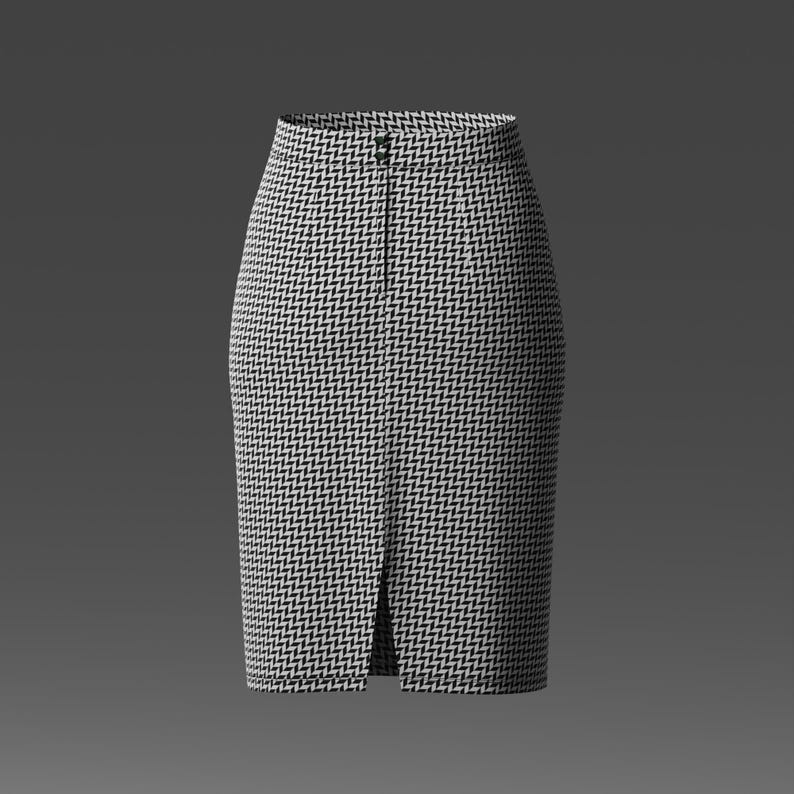 May include: A high-waisted pencil skirt featuring a black and white herringbone pattern. The skirt has a structured waistband with a centred button closure and a vertical front slit that extends from the hem towards the mid-thigh area.