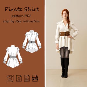 Puede incluir: Una mujer lleva un vestido de camisa pirata blanco con un cinturón corsé marrón y botas negras. La imagen incluye un PDF de patrón con instrucciones. El texto de la imagen dice "Pirate Shirt".