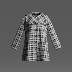 May include: A long-sleeved coat featuring a black and white plaid pattern. The garment has a round neckline, a straight hem, and a central vertical row of five black buttons. A horizontal seam separates the upper chest area from the lower body.
