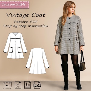 Puede incluir: Un abrigo con estampado de pata de gallo, cuello redondo, mangas largas y cinco botones frontales. El diseño incluye dos bolsillos delanteros con ribete negro. El texto en la imagen dice: Customizable, Vintage Coat, Pattern PDF, Step by step instruction.