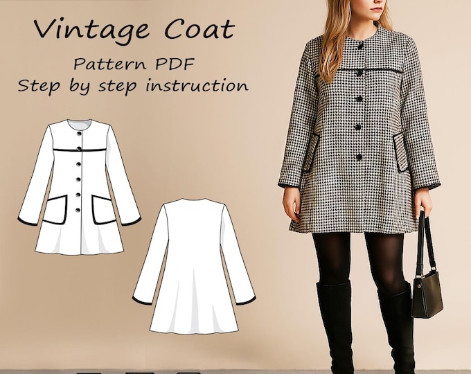 Featured listing image: Vintage Houndstooth Swing Coat Pattern for Women (PDF) - Casual Wear