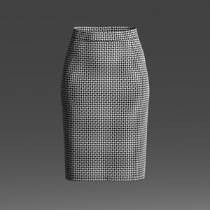 May include: A high-waisted pencil skirt featuring a repeating black and white geometric herringbone pattern. The skirt has a structured, form-fitting silhouette that extends to the knee, with a clean waistband and a consistent, dense textile weave.