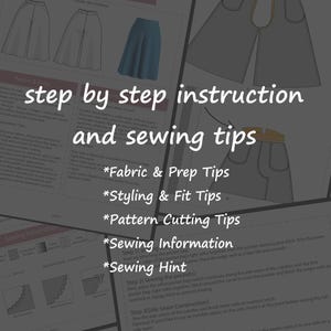 May include: A sewing pattern instruction sheet for a culotte skirt featuring technical line drawings, diagrams, and text including step by step instruction and sewing tips, Fabric & Prep Tips, Styling & Fit Tips, Pattern Cutting Tips, Sewing Information, and Sewing Hint.