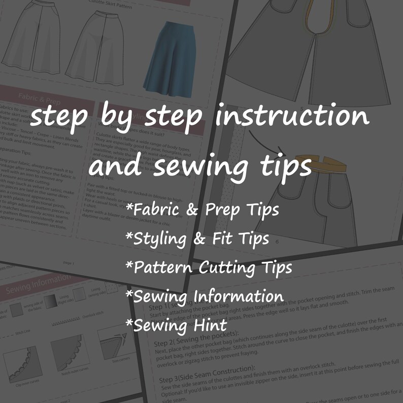 May include: A sewing pattern instruction sheet for a culotte skirt featuring technical line drawings, diagrams, and text including step by step instruction and sewing tips, Fabric & Prep Tips, Styling & Fit Tips, Pattern Cutting Tips, Sewing Information, and Sewing Hint.