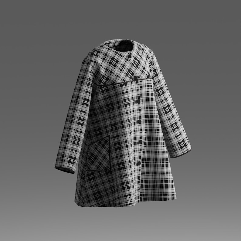 May include: A long-sleeved coat featuring a black and white plaid pattern. The garment has a round neckline, a front button closure with dark buttons, and a single visible patch pocket on the lower front. The edges are finished with black piping.
