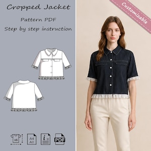 May include: A navy blue cropped jacket with short sleeves, white buttons, and a white lace trim. The jacket has two front pockets and a collar. The image also includes a pattern PDF with step-by-step instructions.