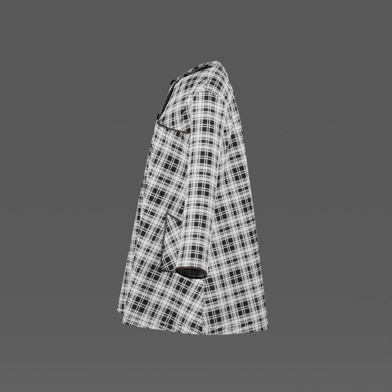 May include: A long-sleeved jacket featuring a black and white plaid pattern. The garment includes a round neckline, a front button closure, and a single visible pocket on the side. The design is finished with black trim along the edges.