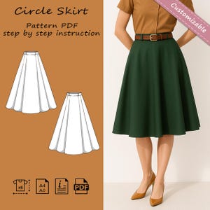 Op de afbeelding: Een groene cirkelrok met een bruine riem wordt getoond. De afbeelding bevat ook een PDF-patroon met stapsgewijze instructies voor het maken van een cirkelrok. De tekst "Circle Skirt" en "Customizable" zijn ook zichtbaar.