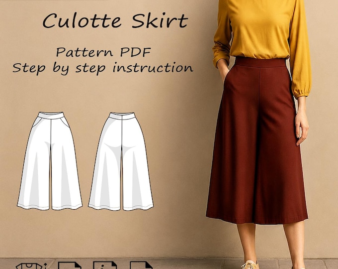 Featured listing image: Wide Leg Culottes Sewing Pattern for Women: High Waist, Beginner Friendly (PDF)
