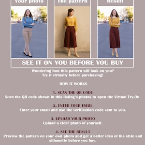 May include: A digital infographic explaining a virtual try-on service. It features three panels labelled Your photo, The pattern, and Result, showing a person wearing a yellow top and brown skirt. Text includes SEE IT ON YOU BEFORE YOU BUY and instructions.