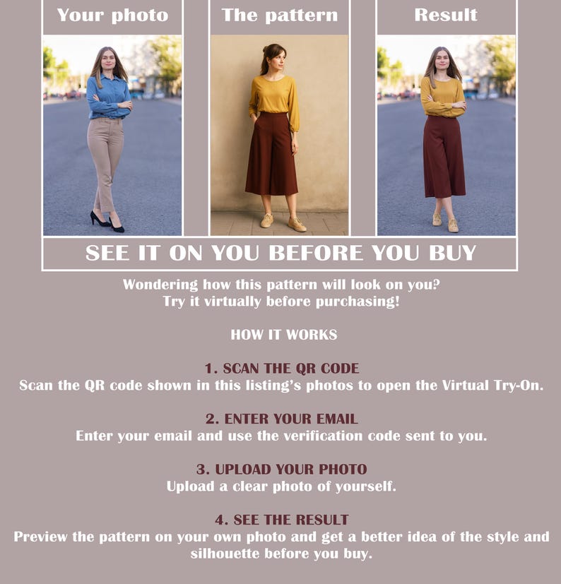 May include: A digital infographic explaining a virtual try-on service. It features three panels labelled Your photo, The pattern, and Result, showing a person wearing a yellow top and brown skirt. Text includes SEE IT ON YOU BEFORE YOU BUY and instructions.