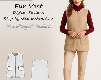 Könnte beinhalten: Eine ärmellose, beigefarbene Weste mit texturierter Fleece-Optik, durchgehendem Frontreißverschluss und zwei aufgesetzten Taschen. Das Bild enthält den Text: Customizable, Fur Vest, Digital Pattern, Step by step instruction, Virtual Try-On Included.