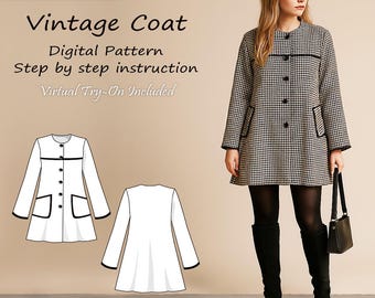 Vintage Houndstooth Swing Coat Pattern for Women (PDF) - Casual Wear