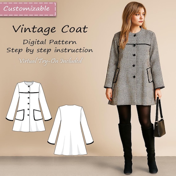 Vintage Houndstooth Swing Coat Pattern for Women (PDF) - Casual Wear