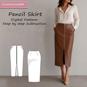 Peut inclure: Un patron de couture numérique pour une jupe crayon, avec le texte Customizable, Pencil Skirt, Digital Pattern, Step by step indtruction, et Virtual Try-On Included. Inclut une jupe en similicuir marron avec une fermeture éclair frontale.