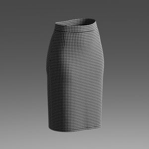 May include: A high-waisted pencil skirt featuring a repeating black and white geometric herringbone pattern. The skirt has a structured, form-fitting silhouette that extends to the knee, with a clean waistband and a consistent, dense textile texture.