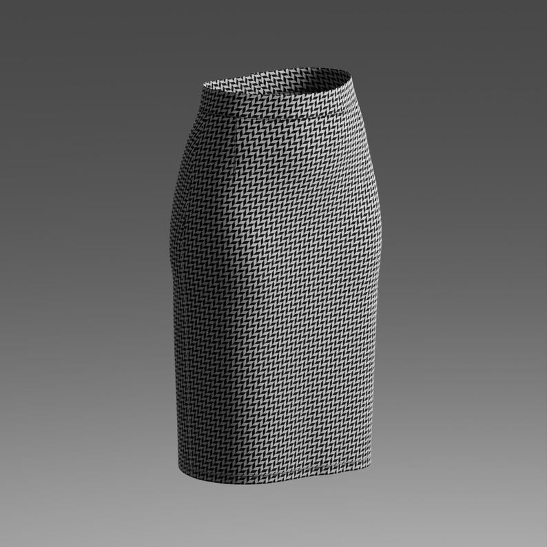 May include: A high-waisted pencil skirt featuring a repeating black and white geometric herringbone pattern. The skirt has a structured, form-fitting silhouette that extends to the knee, with a clean waistband and a consistent, dense textile texture.