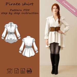 May include: A cream-colored pirate shirt with a brown corset belt. The shirt has long sleeves with ruffled cuffs and a high-low hemline. The image also includes a pattern PDF with step-by-step instructions.