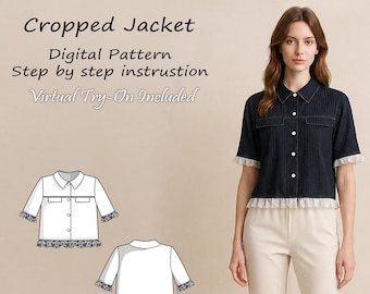 May include: A dark navy blue cropped jacket with white pinstripes, short sleeves, a collar, and a white lace trim at the hem and sleeve cuffs. The image includes text: Customizable, Cropped Jacket, Digital Pattern, Step by step instruction.