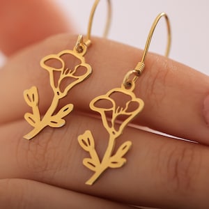 Gold Plated Silver Birth Flower Earrings,Personalized Birth Month Floral Jewelry,Custom Dangle Flower Earrings,New Mom Gift,Zodiac Jewelry