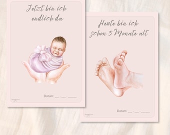 Meilensteinkarten Baby Mädchen, 24 liebevolle Monatskarten zum Ausdrucken, Rosa Erinnerungskarten als PDF, Sofort-Download, bloom&nest