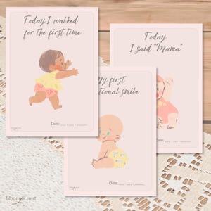 Cartes d'étape imprimables pour bébé, lot souvenir rose pâle, 24 impressions PDF A5, cartes mémoire mensuelles, cadeau pour fille à téléchargement immédiat, bloom&nest
