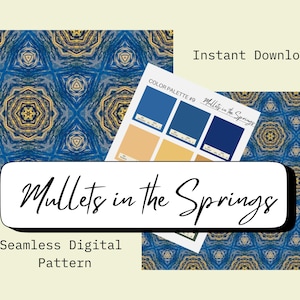 Motivo senza soluzione di continuità blu e oro con triglie nelle sorgenti, piastrelle con motivo naturale ripetuto, mandala boho per carta digitale, scrapbooking, tessuto, fai da te