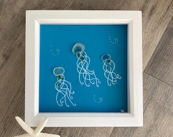 Sea Glass Jellyfish Ocean Wall Art: Coastal Shadow Box Decor