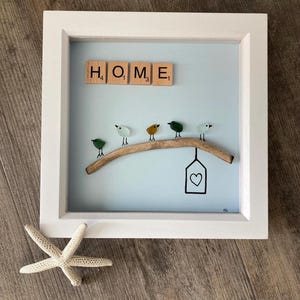 Sea Glass and Driftwood Bird Art | Coastal Wall Decor in Box Frame | Handmade Driftwood & Sea Glass Birds