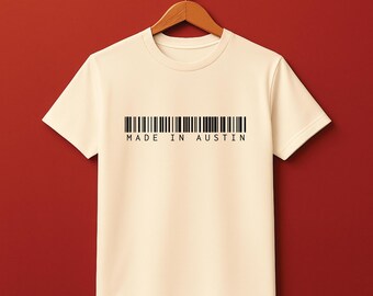 Made in Austin Tshirt: Barcode ATX Pride Graphic Tshirt (White, Natural, S-3XL)