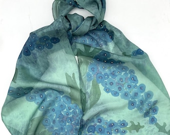 Hand Painted Blue Delphiniums Pure Silk Scarf – Floral Art Accessory
