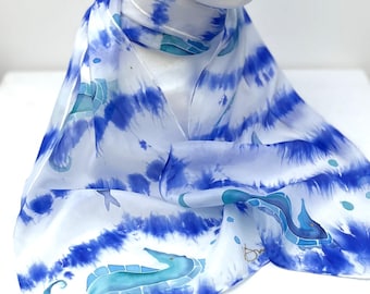 Seahorses  Hand Painted Silk Scarf. Blue and Turquoise underwater design,   Gifts for Mom