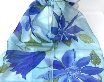 Hand Painted Blue Clematis Silk Scarf: Floral Art on Ponge 5 Silk