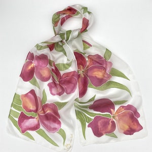 Red Iris hand painted Silk Scarf.  Irises silk  scarf.  Silk scarf hand painted. Mother&#39;s day gifts