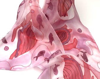 Hand Painted Silk Scarf: Red Turtles & Fish - Lightweight Ponge 5