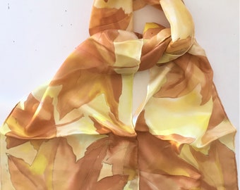 Hand Painted Autumn Leaves Silk Scarf - Caramel & Gold