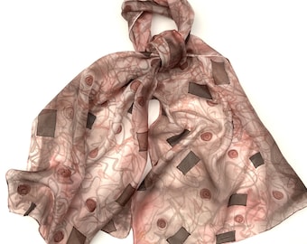 Cinnamon abstract hand painted silk scarf, Necktie, silk belt, Hair accessory