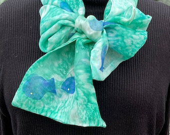 Fish design narrow Hand painted silk scarf