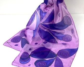 Hand-Painted Silk Scarf: Pink Purple Abstract Design