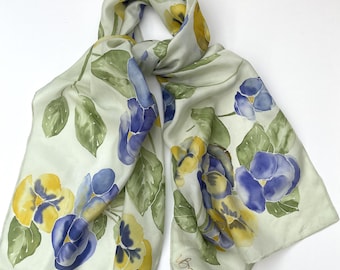 Pansy silk scarf, Blue and Yellow Pansies, Gifts for Her, Hand painted silk