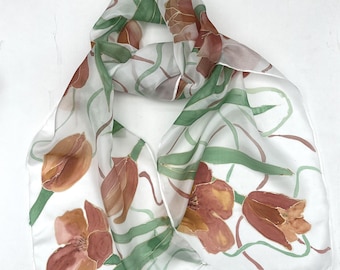 Tulips  hand painted silk scarf.  Caramel Tulip scarf. gifts for Mom