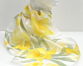 Hand painted Daffodil silk scarf, Yellow spring flower scarf