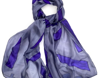 Hand Painted Silk Scarf: Grey & Purple Geometric Design