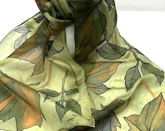 Green leaves hand painted silk scarf, Gifts for Mom