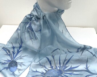 Hand Painted Sea Holly Silk Scarf: Blue Floral Design