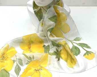 Bufanda de seda pintada a mano con rosas amarillas, pongé ligero 5 (25 x 150 cm)